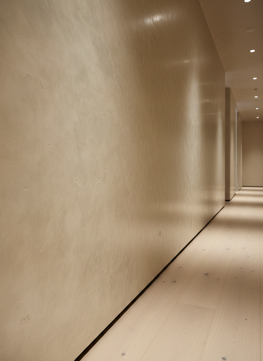 An elegant hallway interior showcasing a long stretch of decorative plaster wall finished in a silky, hand-troweled Venetian plaster with subtle tonal shifts from warm ivory to soft greige. The surface appears luminous and gently mottled, with faint movement reminiscent of stone. Along the base, a slim shadow gap detail creates a crisp transition to the pale oak floor. Recessed ceiling lights cast a warm, even glow, enhancing the plaster’s polished sheen and catching slight imperfections that add character. Shot from a low, slightly off-center perspective, the composition leads the eye down the corridor, with sharp focus along the wall texture and a natural falloff toward the distance. The atmosphere is refined and architectural, evoking boutique hotel sophistication in clean, photographic realism.