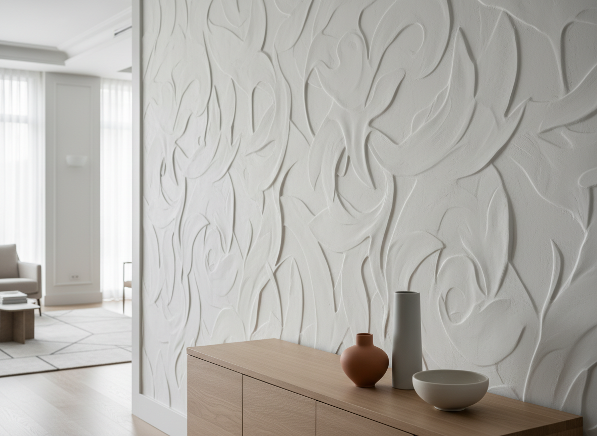 A sophisticated living room wall transformed into a custom bas-relief artwork, featuring flowing abstract botanical forms sculpted in smooth, matte white plaster. The relief subtly rises and falls across the wall, catching light on its contours. The setting includes a low, pale oak console and a few minimalist ceramic vases in muted tones, all sharply styled yet understated. Soft daylight from an unseen window washes across the surface, creating gentle, elongated shadows within the carved lines. Photographed at eye level with a slight angle to emphasize depth, the foreground remains in crisp focus while the rest of the room softly blurs. The mood is serene, luxurious, and contemporary, captured in clean, photographic realism suitable for a high-end interior design portfolio.