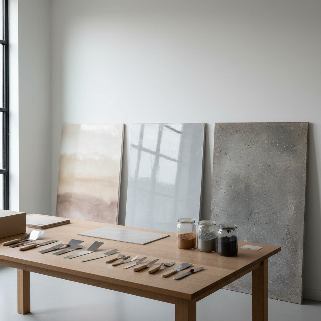 A sophisticated studio workspace showcasing the process of designer-led cosmetic renovation, with large plaster sample boards leaning against a clean white wall. Each board displays a different finish: velvety limewash in layered neutrals, subtly shimmering polished plaster in pearl gray, and a textured concrete-look surface in cool stone tones. A long, minimalist worktable in light oak holds neatly arranged tools—trowels, spatulas, and pigment jars—presented as objects of design rather than clutter. Soft, diffused daylight from a high window illuminates the scene, creating gentle reflections on the polished samples and muted shadows under the table. Photographed from a slightly elevated angle with clear focus throughout, the image feels curated, calm, and highly professional, capturing a contemporary, photographic realism that communicates expertise and bespoke craftsmanship.
