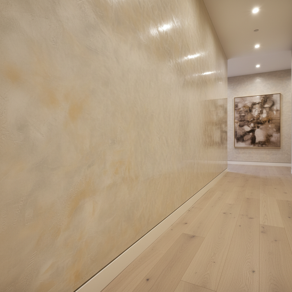 An elegant hallway interior showcasing a long stretch of decorative plaster wall finished in a silky, hand-troweled Venetian plaster with subtle tonal shifts from warm ivory to soft greige. The surface appears luminous and gently mottled, with faint movement reminiscent of stone. Along the base, a slim shadow gap detail creates a crisp transition to the pale oak floor. Recessed ceiling lights cast a warm, even glow, enhancing the plaster’s polished sheen and catching slight imperfections that add character. Shot from a low, slightly off-center perspective, the composition leads the eye down the corridor, with sharp focus along the wall texture and a natural falloff toward the distance. The atmosphere is refined and architectural, evoking boutique hotel sophistication in clean, photographic realism.
