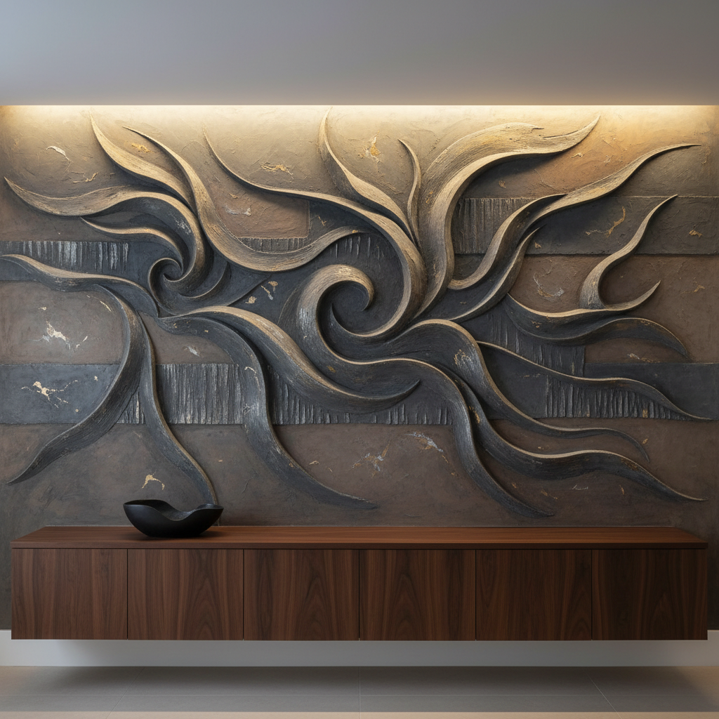 A feature wall in a contemporary dining area adorned with a large-scale plaster mural, depicting abstract waves and geometric bands subtly raised from the surface. The plaster is finished in layered tones of stone gray and warm taupe, with delicate brushlike marks visible in the glaze. A slim, dark wood credenza sits against the wall, topped with a single sculptural bowl in matte black. Overhead, a concealed LED strip casts soft, indirect uplighting, accentuating the relief’s ridges and valleys while leaving the room in a gentle ambient glow. The image is composed straight-on, with the mural filling most of the frame, and the furniture anchoring the lower third. Depth of field is moderate, ensuring every detail of the plaster work is captured in polished, photographic realism, creating a calm yet dramatic ambiance.