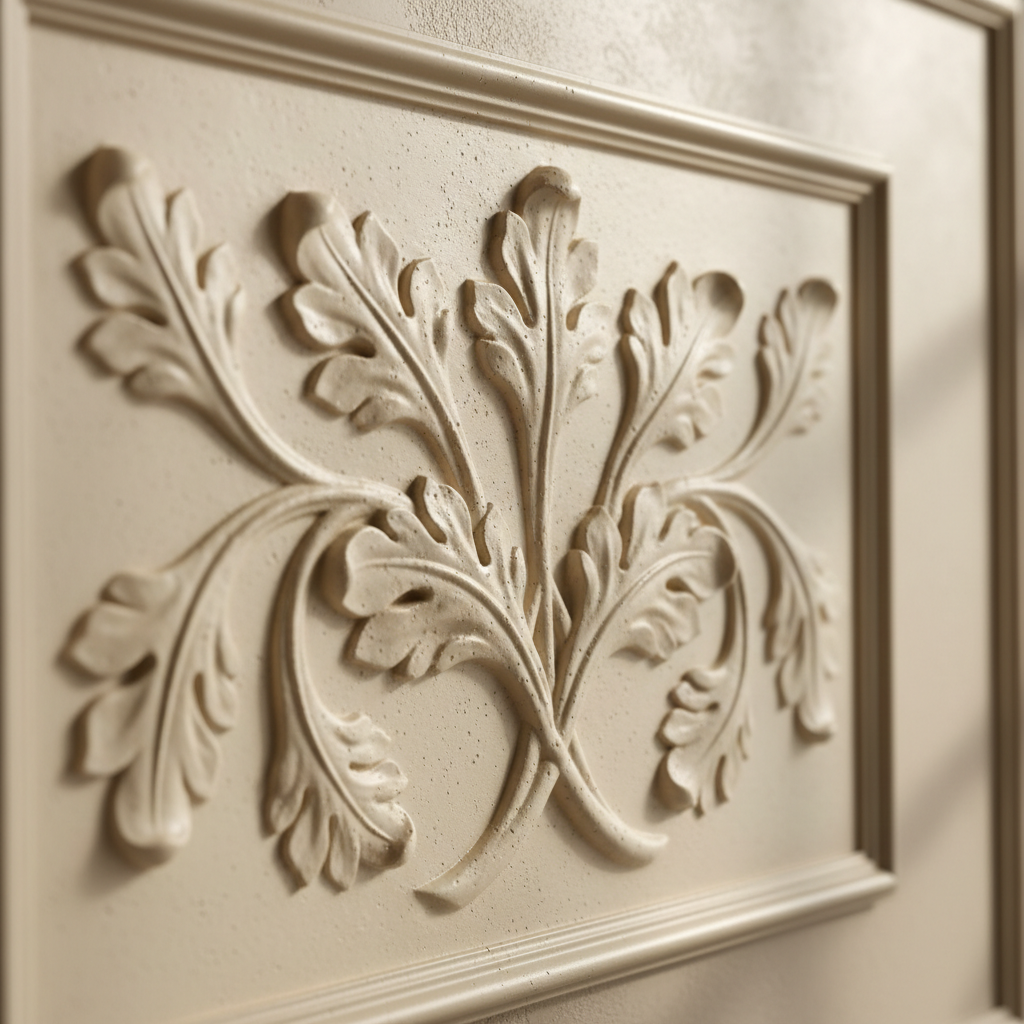 A close-up, detailed view of a decorative plaster bas-relief panel depicting stylized leaves and branches, crafted with crisp edges and velvety smooth surfaces. The plaster is a warm off-white with faint speckles, resembling carved stone. The setting is a refined interior wall with minimal adornment, framed by a slim, painted molding in a slightly deeper tone. Gentle side lighting from a nearby window creates a play of light and shadow along each leaf vein and curve, enhancing depth and craftsmanship. Shot in tight macro with extremely shallow depth of field, the nearest relief elements are in razor-sharp focus while the background softens into a creamy blur. The mood is contemplative and artisanal, highlighting meticulous handwork in elegant, photographic realism suited for a luxury craft portfolio.